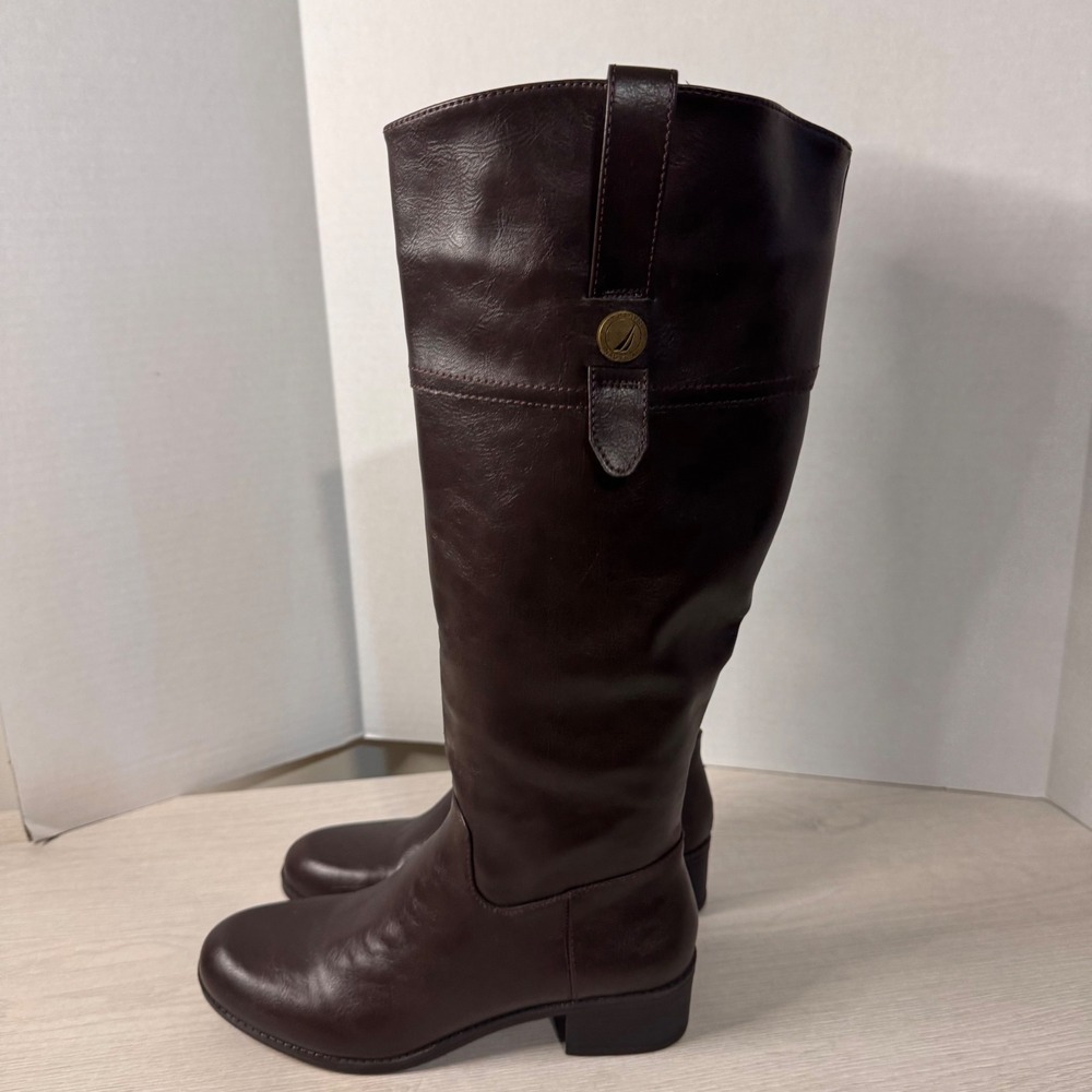 Nautica Brown Faux Leather Tall Riding Boots Women's Size 7.5 Round Toe Side Zip - Picture 7 of 10